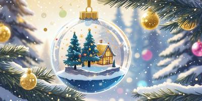 The primary subject of the image is a Christmas ornament featuring a house and trees. The setting is a winter scene with snow covering the ground. The visual style is a digital art or illustration, creating a festive and cozy atmosphere. The dominant colors are white, blue, and gold, which are commonly associated with Christmas decorations.